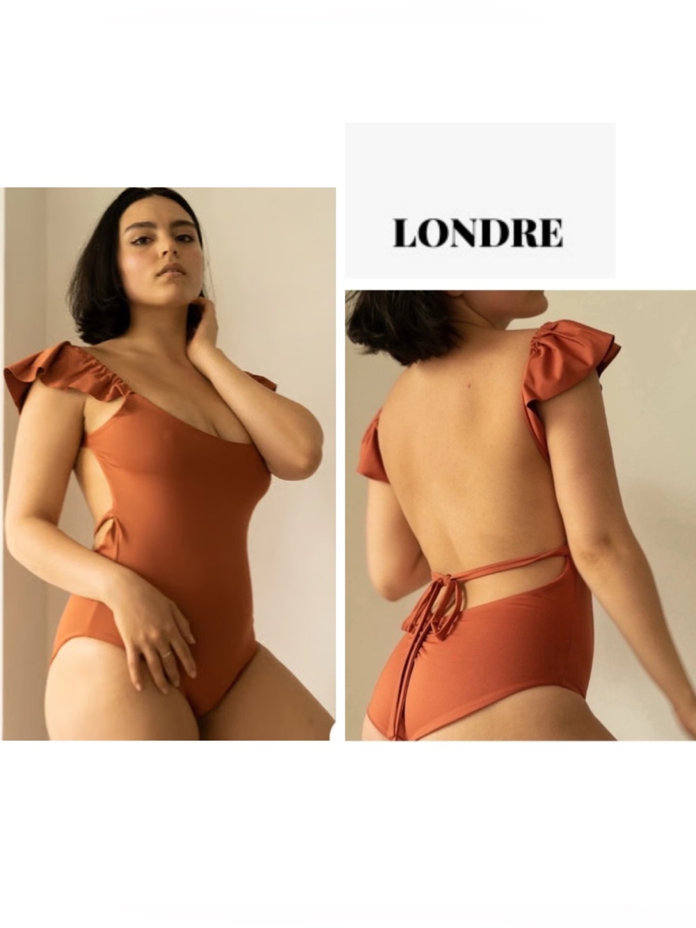 Londre Sz S Ruffle One-Piece Swimsuit with Puff Shoulder in Clay Rust Orange